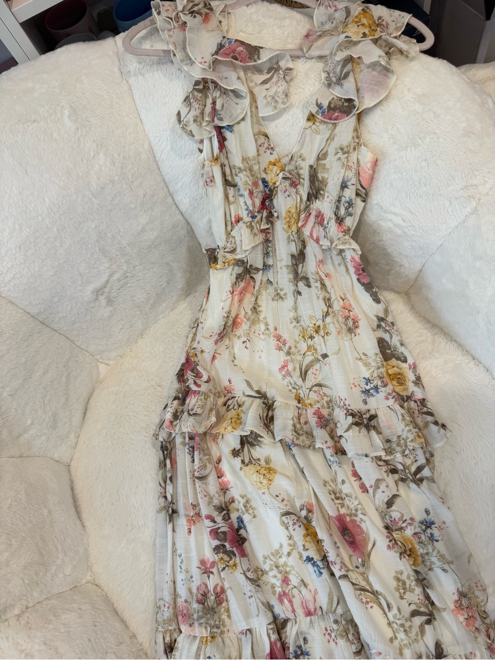 Francesca's Collections Cream Floral Ruffle Maxi Dress with Pink & Yellow Blooms